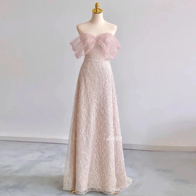 French Style Womens Off Shoulder Mesh Wedding Evening Party Sequins Long Dresses