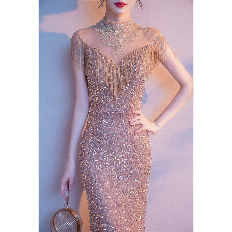 Female Banquet Champagne Evening Dress Sexy Ladies Party Fishtail Tassel Dress
