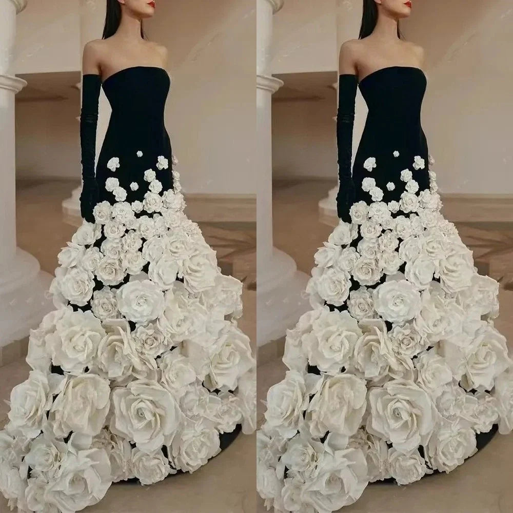 Elegant 3D Flowers Long Evening Dress for Women Strapless Floor-Length Prom Gown