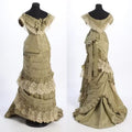 1880s Evening Dress Historical Sissi Ruched Lace Ruffle Off Shoulder Princess