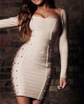 Bandage Bodycon Dress Nude Studded Long Sleeve Evening Cocktail Party Club M